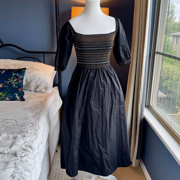 Old Navy Black Midi Dress w Tan Elastic Smocked Bodice - Picture 3 of 15